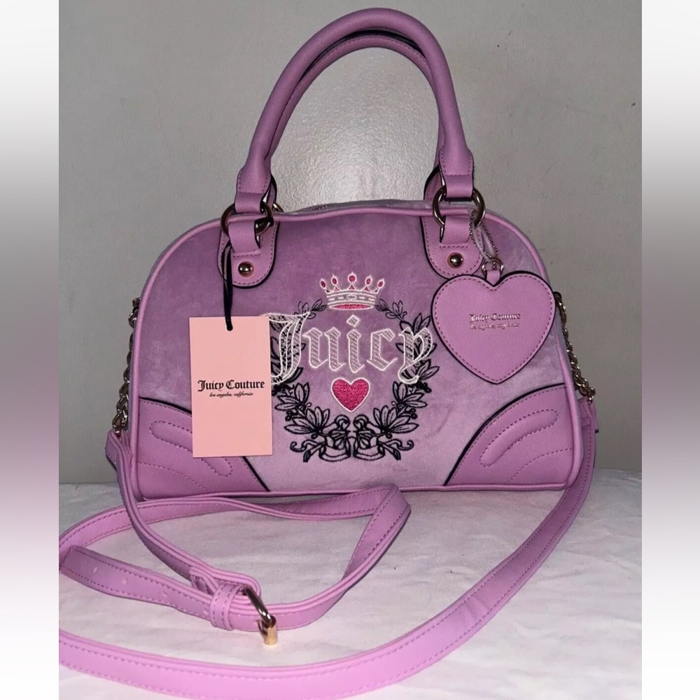 NEW! NWT JUICY COUTURE Heritage Bowler Velour Crossbody Bag Fondant Pink - Picture 2 of 7